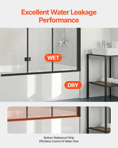 VEVOR Bathtub Shower Door, 51 in. W x 56 in. H, Frameless Foldable Hinged Shower Door, Tri-Fold Shower Glass Door with 1/4 in Tempered Glass Door, 180°Rotating and Folding Design, for Bathtub, Black - View 4