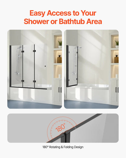 VEVOR Bathtub Shower Door, 51 in. W x 56 in. H, Frameless Foldable Hinged Shower Door, Tri-Fold Shower Glass Door with 1/4 in Tempered Glass Door, 180°Rotating and Folding Design, for Bathtub, Black - View 5