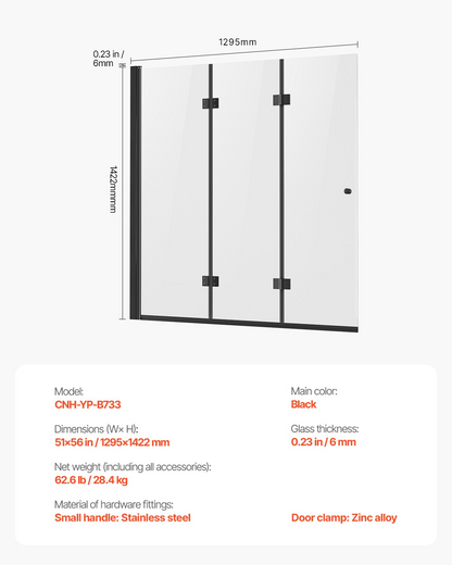 VEVOR Bathtub Shower Door, 51 in. W x 56 in. H, Frameless Foldable Hinged Shower Door, Tri-Fold Shower Glass Door with 1/4 in Tempered Glass Door, 180°Rotating and Folding Design, for Bathtub, Black - View 6