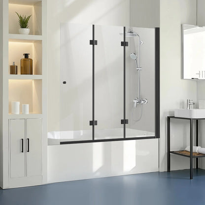 VEVOR Bathtub Shower Door, 51 in. W x 56 in. H, Frameless Foldable Hinged Shower Door, Tri-Fold Shower Glass Door with 1/4 in Tempered Glass Door, 180°Rotating and Folding Design, for Bathtub, Black - View 7