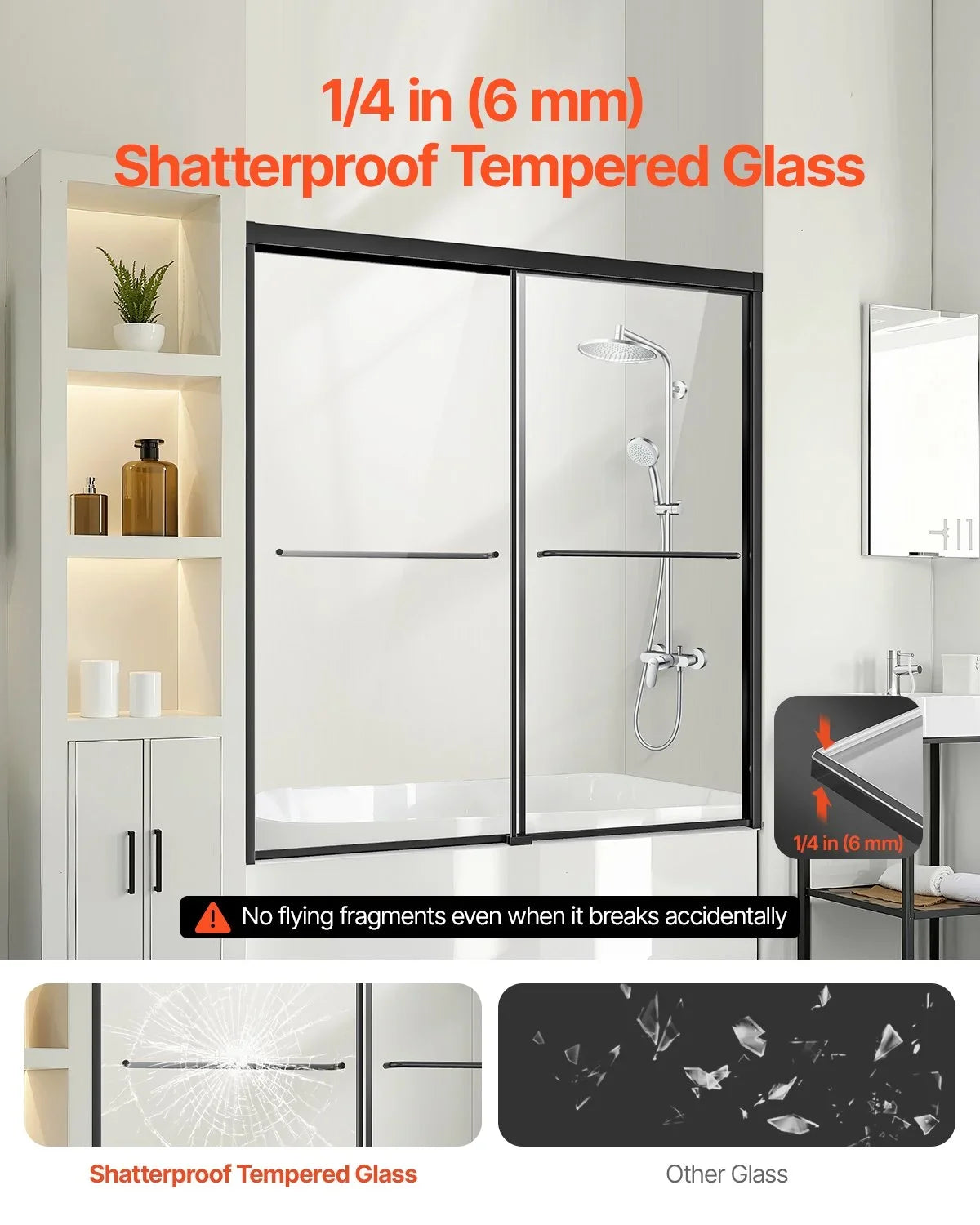 VEVOR Bathtub Shower Door, 56-60 in. W x 60 in. H, Semi-Frameless Double Sliding Tub Door, Semi-Frameless Bypass Tub Door with 1/4 in Shatterproof Tempered Glass and Stainless Steel Handle, Black