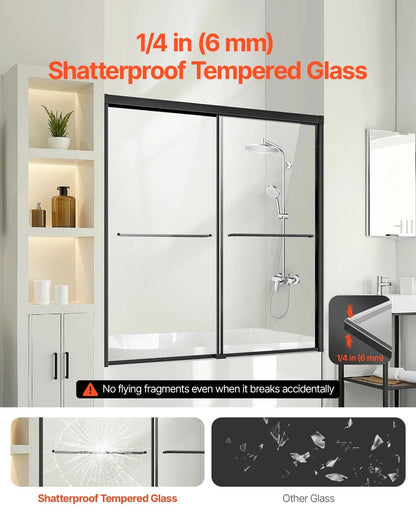 VEVOR Bathtub Shower Door, 56-60 in. W x 60 in. H, Semi-Frameless Double Sliding Tub Door, Semi-Frameless Bypass Tub Door with 1/4 in Shatterproof Tempered Glass and Stainless Steel Handle, Black