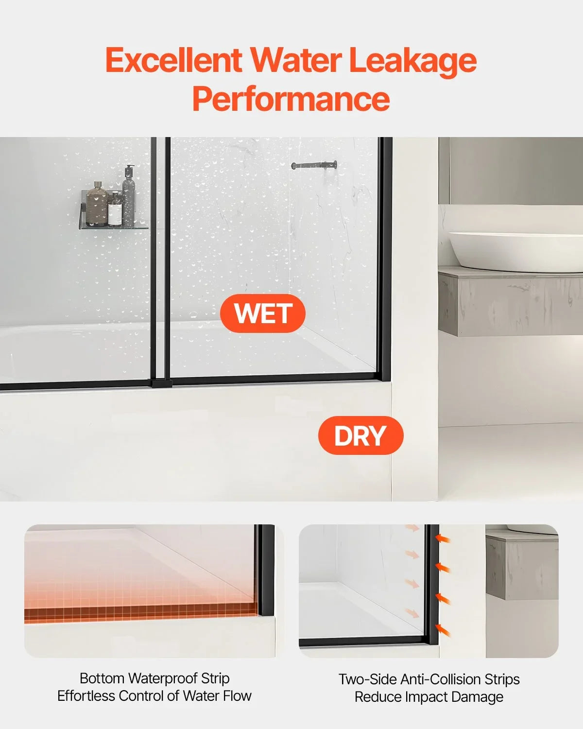 VEVOR Bathtub Shower Door, 56-60 in. W x 60 in. H, Semi-Frameless Double Sliding Tub Door, Semi-Frameless Bypass Tub Door with 1/4 in Shatterproof Tempered Glass and Stainless Steel Handle, Black - View 4