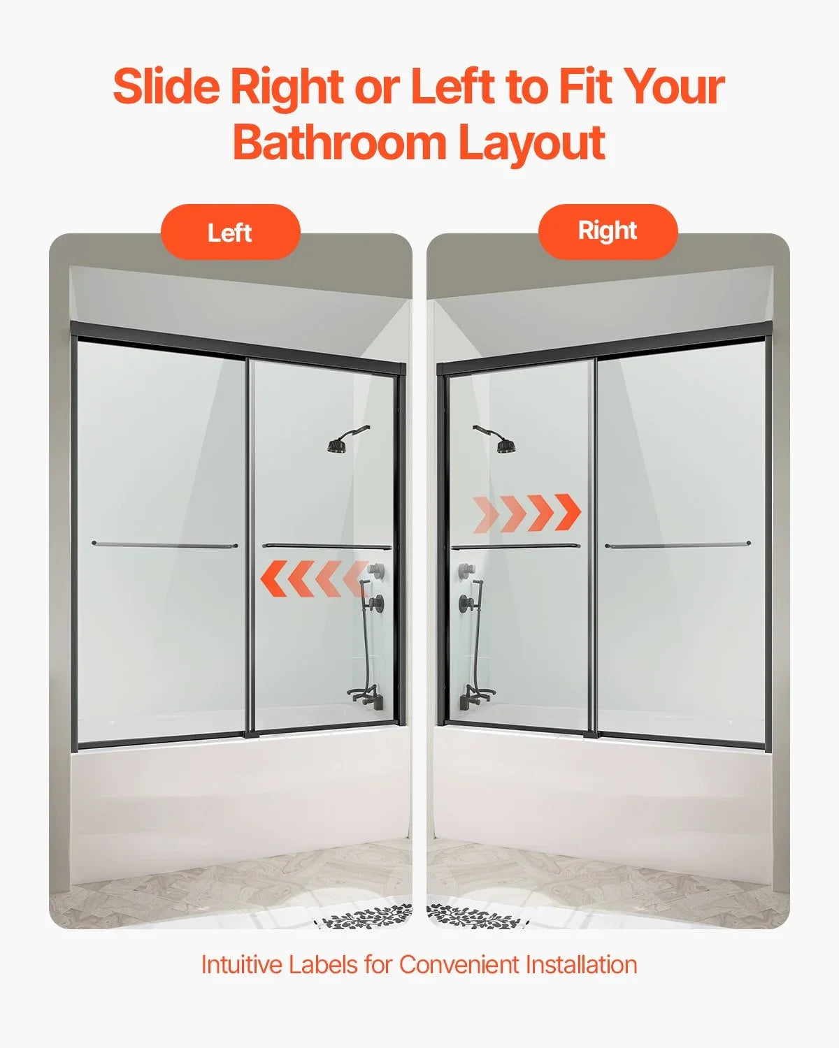 VEVOR Bathtub Shower Door, 56-60 in. W x 60 in. H, Semi-Frameless Double Sliding Tub Door, Semi-Frameless Bypass Tub Door with 1/4 in Shatterproof Tempered Glass and Stainless Steel Handle, Black - View 5