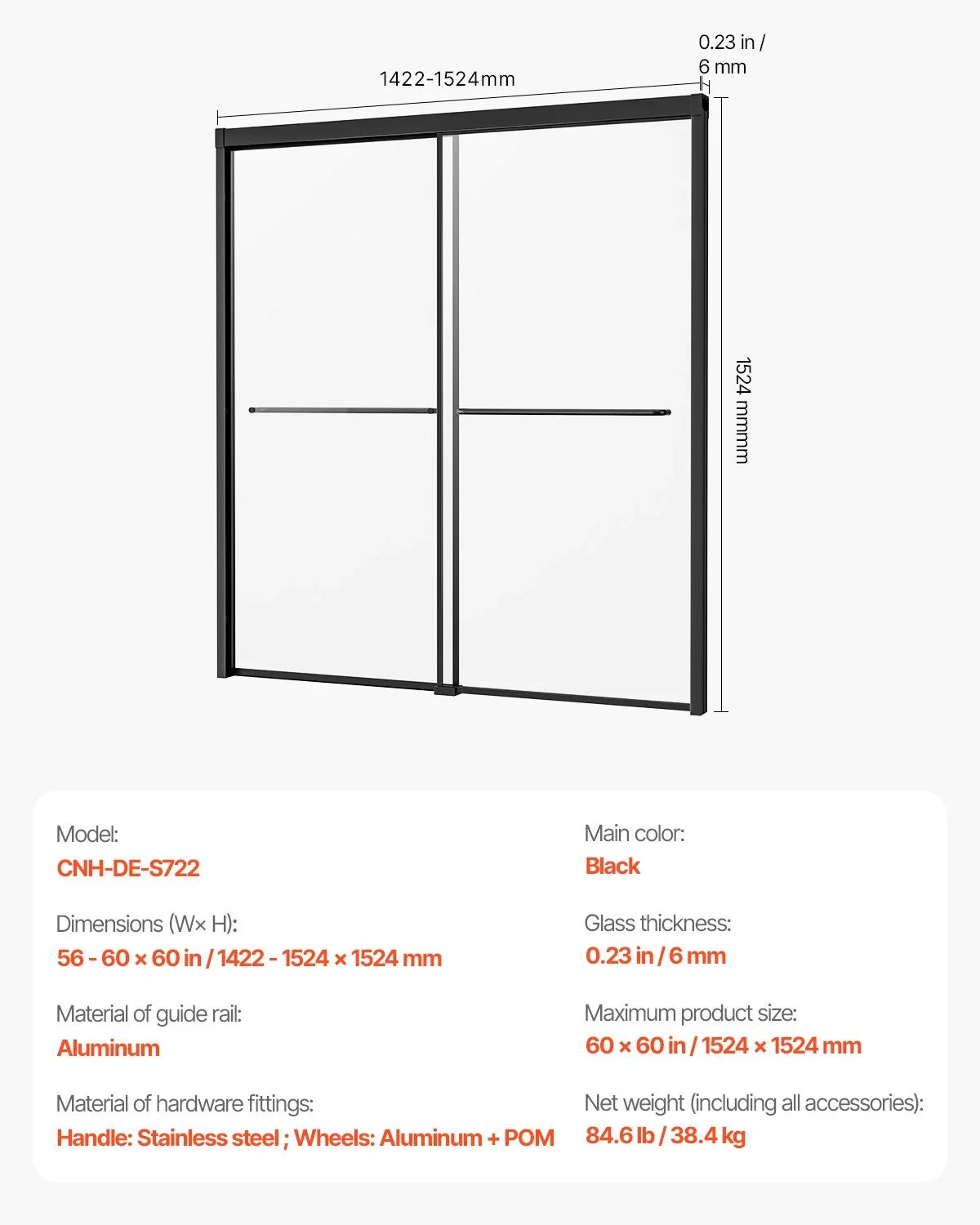 VEVOR Bathtub Shower Door, 56-60 in. W x 60 in. H, Semi-Frameless Double Sliding Tub Door, Semi-Frameless Bypass Tub Door with 1/4 in Shatterproof Tempered Glass and Stainless Steel Handle, Black - View 6