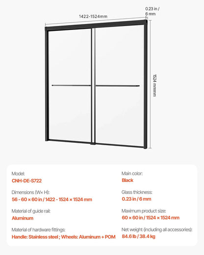 VEVOR Bathtub Shower Door, 56-60 in. W x 60 in. H, Semi-Frameless Double Sliding Tub Door, Semi-Frameless Bypass Tub Door with 1/4 in Shatterproof Tempered Glass and Stainless Steel Handle, Black - View 6