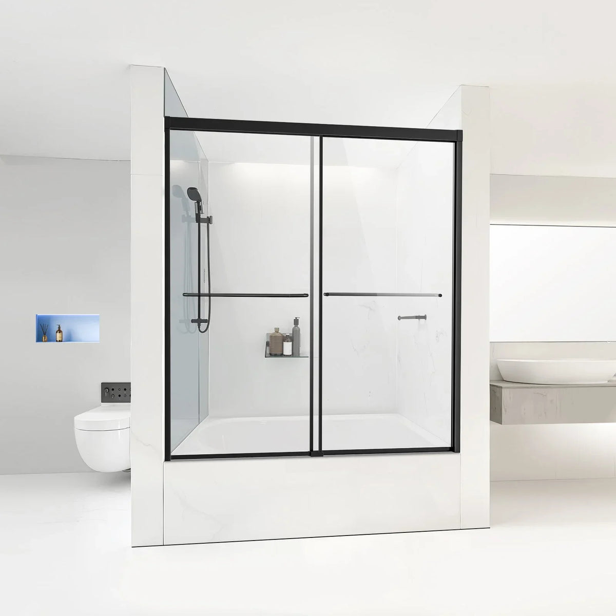 VEVOR Bathtub Shower Door, 56-60 in. W x 60 in. H, Semi-Frameless Double Sliding Tub Door, Semi-Frameless Bypass Tub Door with 1/4 in Shatterproof Tempered Glass and Stainless Steel Handle, Black - View 7