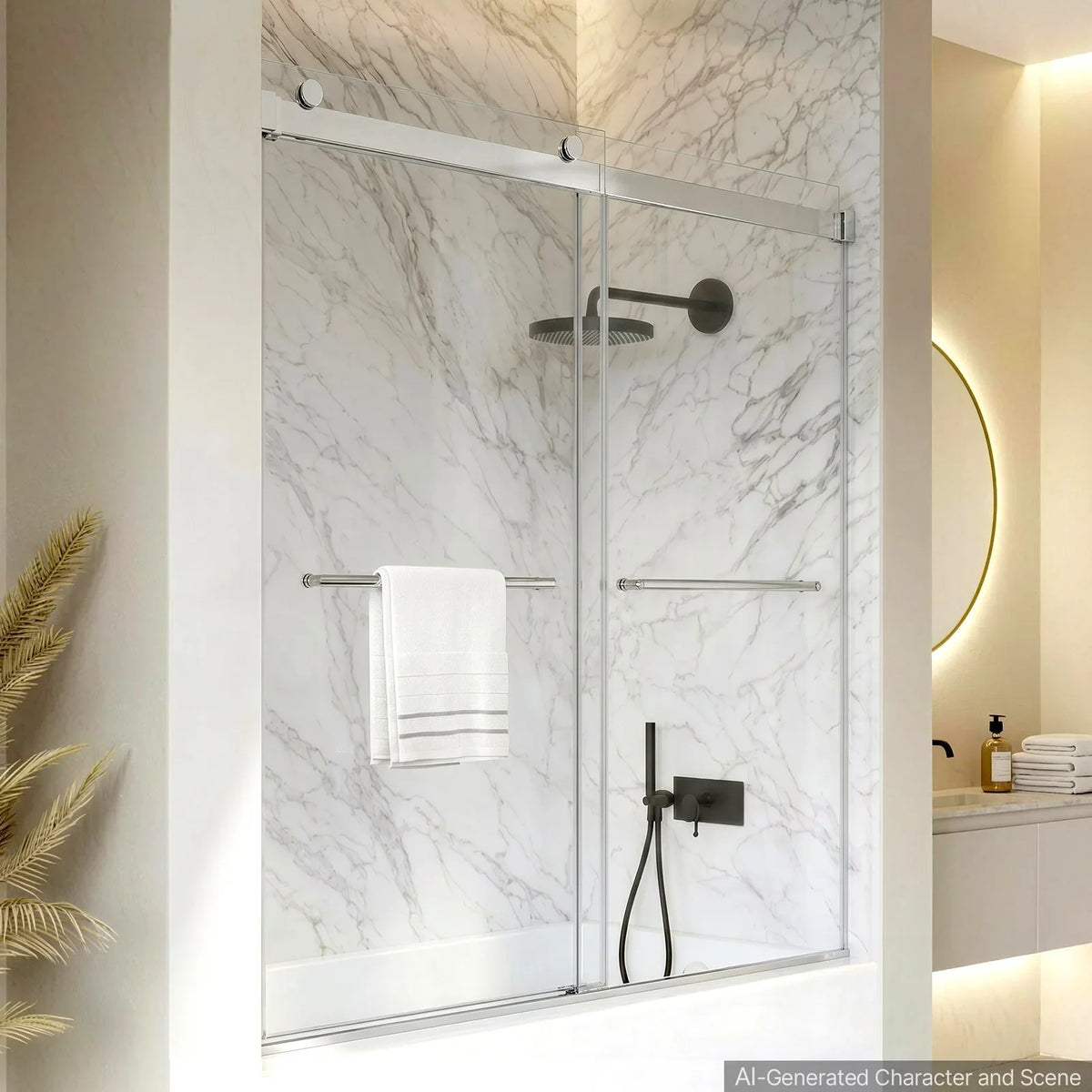 VEVOR Bathtub Shower Door 60"W x 60"H Frameless Bypass Sliding Doors Silver, 5/16" Clear Tempered Glass, Double Sliding Tub Shower Doors with 2 Stainless Steel Handles, Nano Coating, for Bathroom Tubs - View 7