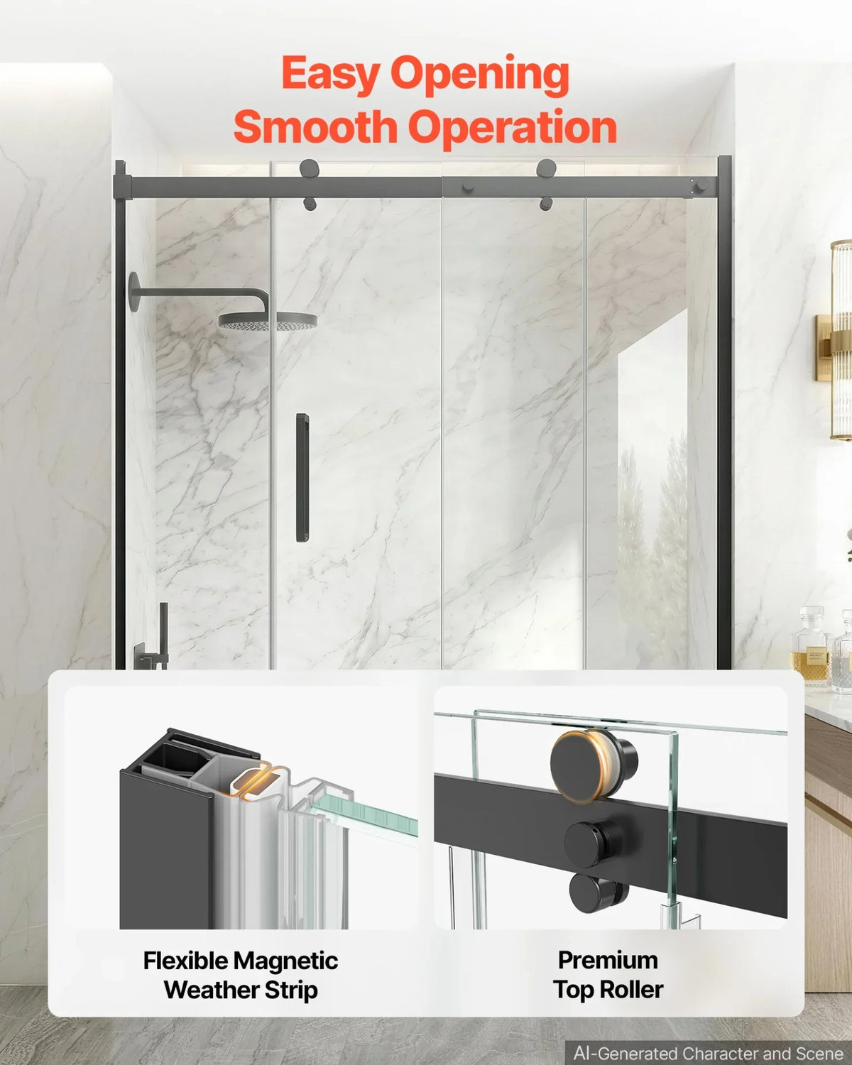 VEVOR Bathtub Shower Door 60" W x 60" H Semi-Frameless Sliding Door Black, 5/16" Thick Clear Tempered Glass, Sliding Tub Shower Door with 2 Stainless Steel Handles, Nano Coating, for Bathroom Tubs - View 5