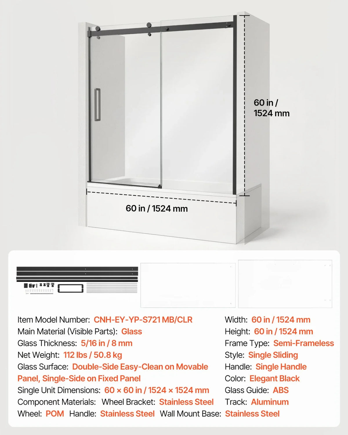 VEVOR Bathtub Shower Door 60" W x 60" H Semi-Frameless Sliding Door Black, 5/16" Thick Clear Tempered Glass, Sliding Tub Shower Door with 2 Stainless Steel Handles, Nano Coating, for Bathroom Tubs - View 6