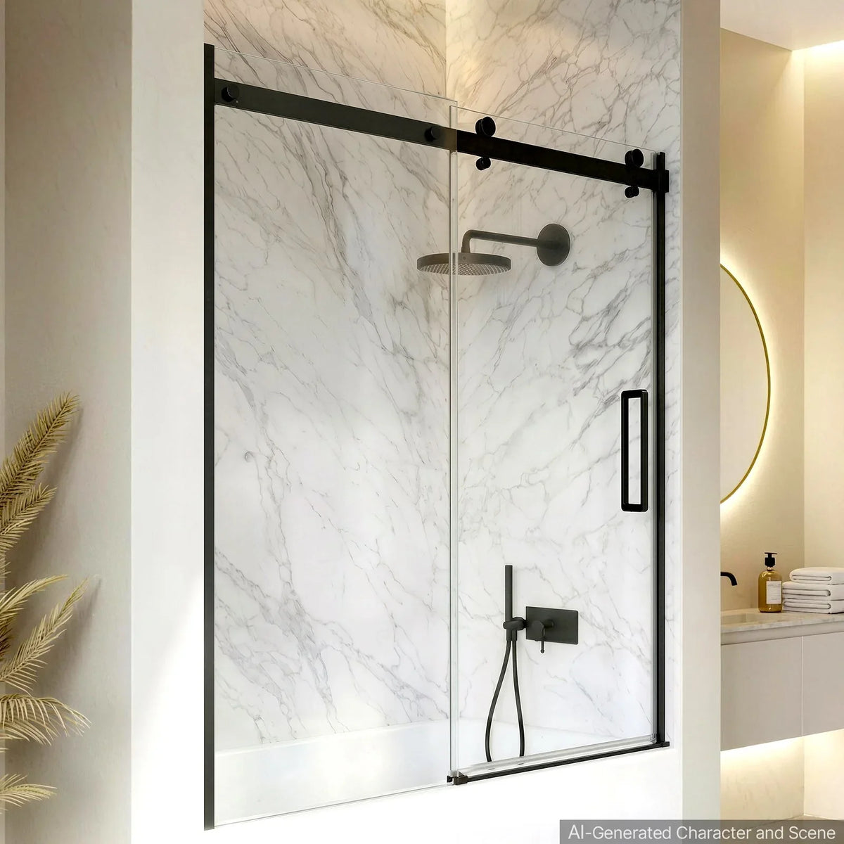 VEVOR Bathtub Shower Door 60" W x 60" H Semi-Frameless Sliding Door Black, 5/16" Thick Clear Tempered Glass, Sliding Tub Shower Door with 2 Stainless Steel Handles, Nano Coating, for Bathroom Tubs - View 7