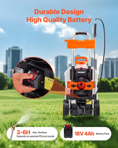 VEVOR Battery-Powered Sprayer with Wheeled Cart, 10 Gallons Electric Weed Sprayer, Adjustable 0-80 PSI, Yard Lawn Sprayers with Wheels, 5 Nozzles & 98ft Hose, 3-6H Spray Time, for Weeding, Cleaning - View 2