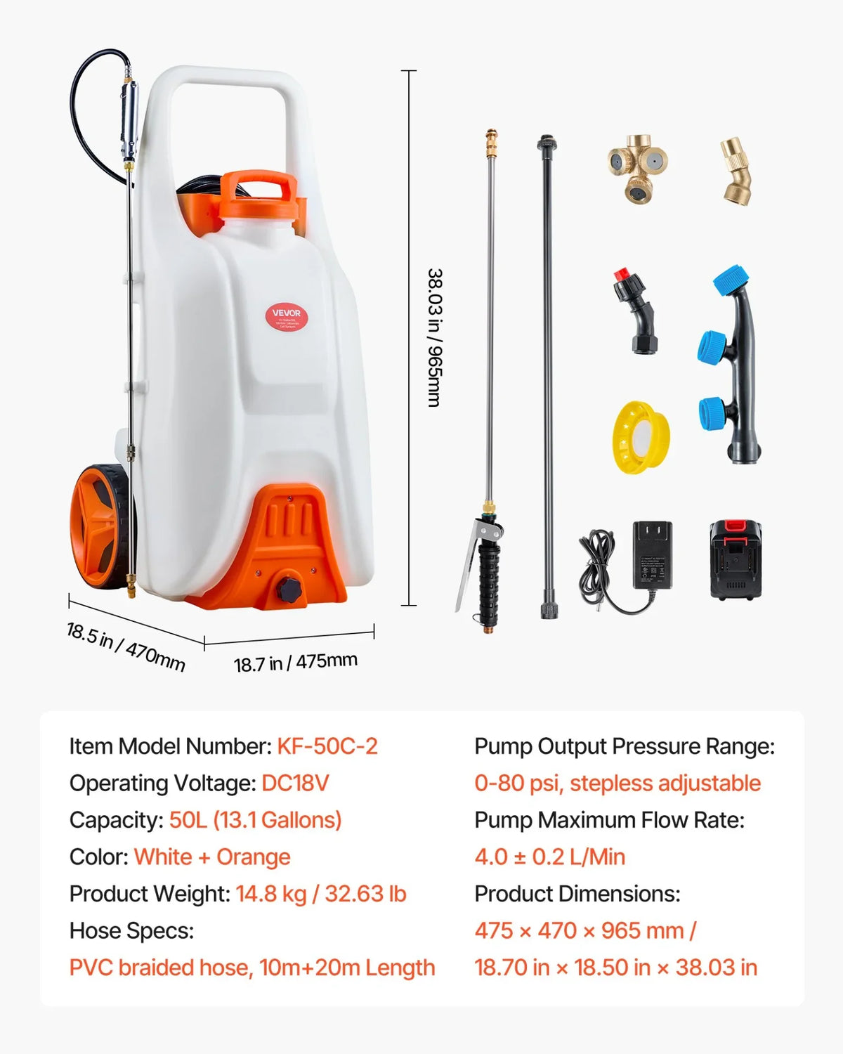 VEVOR Battery-Powered Sprayer with Wheeled Cart, 13.1 Gallons Electric Weed Sprayer, Adjustable 0-80 PSI, Yard Lawn Sprayers with Wheels, 5 Nozzles & 98ft Hose, 3-6H Spray Time, for Weeding, Cleaning - View 6