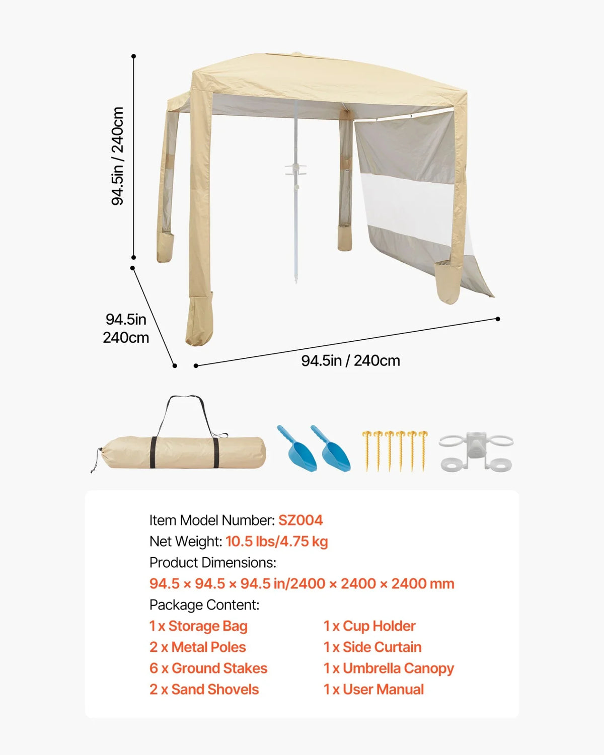 VEVOR Beach Cabana, 8 x 8 ft Beach Canopy with Side Wall, UPF 50+ Protection Easy Setup Cabana Tent with Sand Pockets, Adjustable Height Portable Shade Sun Shelter Umbrella for Family & Friends, Khaki - View 6