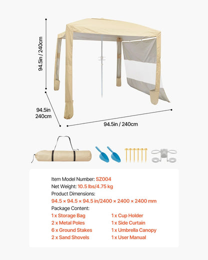 VEVOR Beach Cabana, 8 x 8 ft Beach Canopy with Side Wall, UPF 50+ Protection Easy Setup Cabana Tent with Sand Pockets, Adjustable Height Portable Shade Sun Shelter Umbrella for Family & Friends, Khaki - View 6