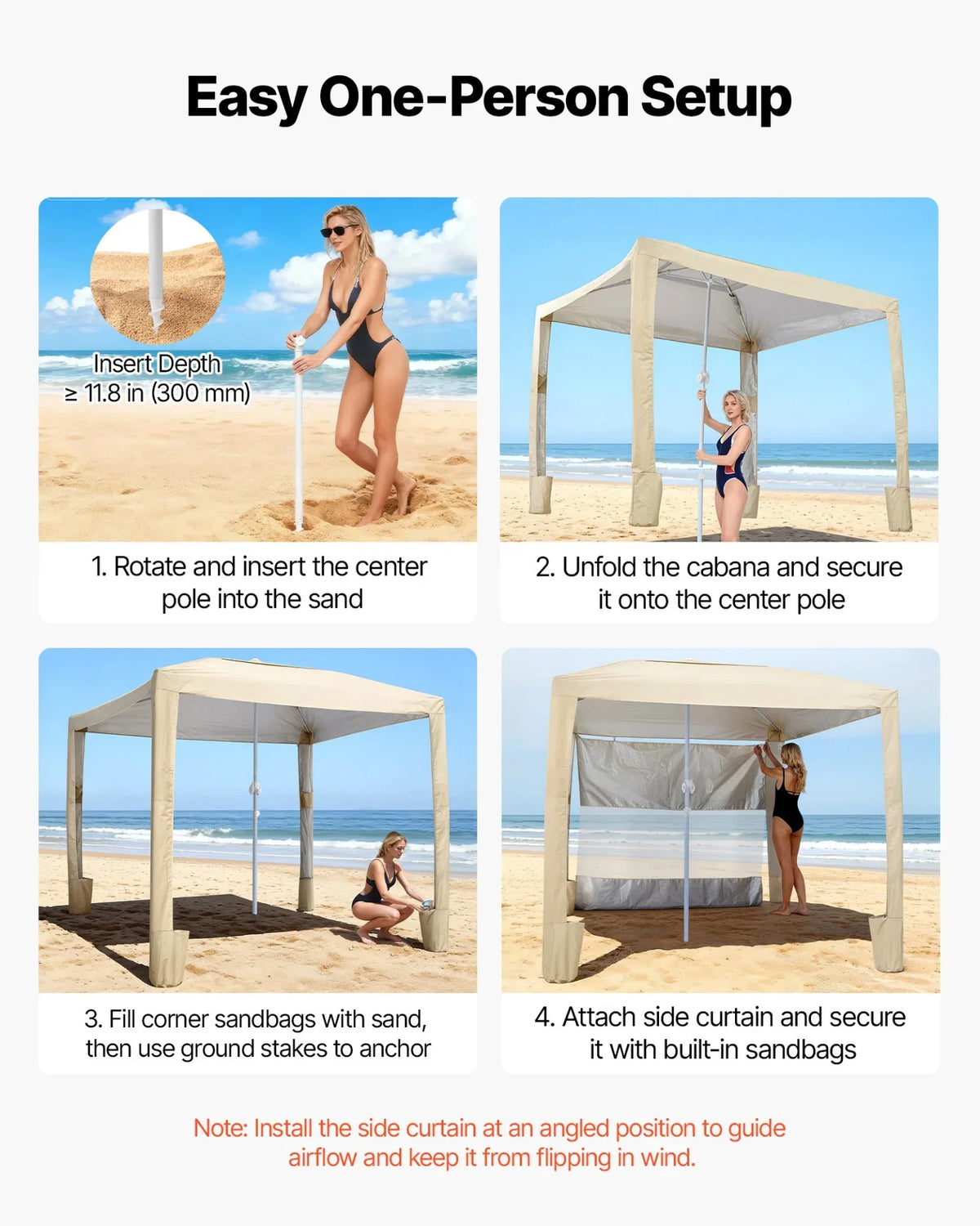 VEVOR Beach Cabana, 8 x 8 ft Beach Canopy with Side Wall, UPF 50+ Protection Easy Setup Cabana Tent with Sand Pockets, Adjustable Height Portable Shade Sun Shelter Umbrella for Family & Friends, Khaki - View 4