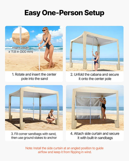 VEVOR Beach Cabana, 8 x 8 ft Beach Canopy with Side Wall, UPF 50+ Protection Easy Setup Cabana Tent with Sand Pockets, Adjustable Height Portable Shade Sun Shelter Umbrella for Family & Friends, Khaki - View 4