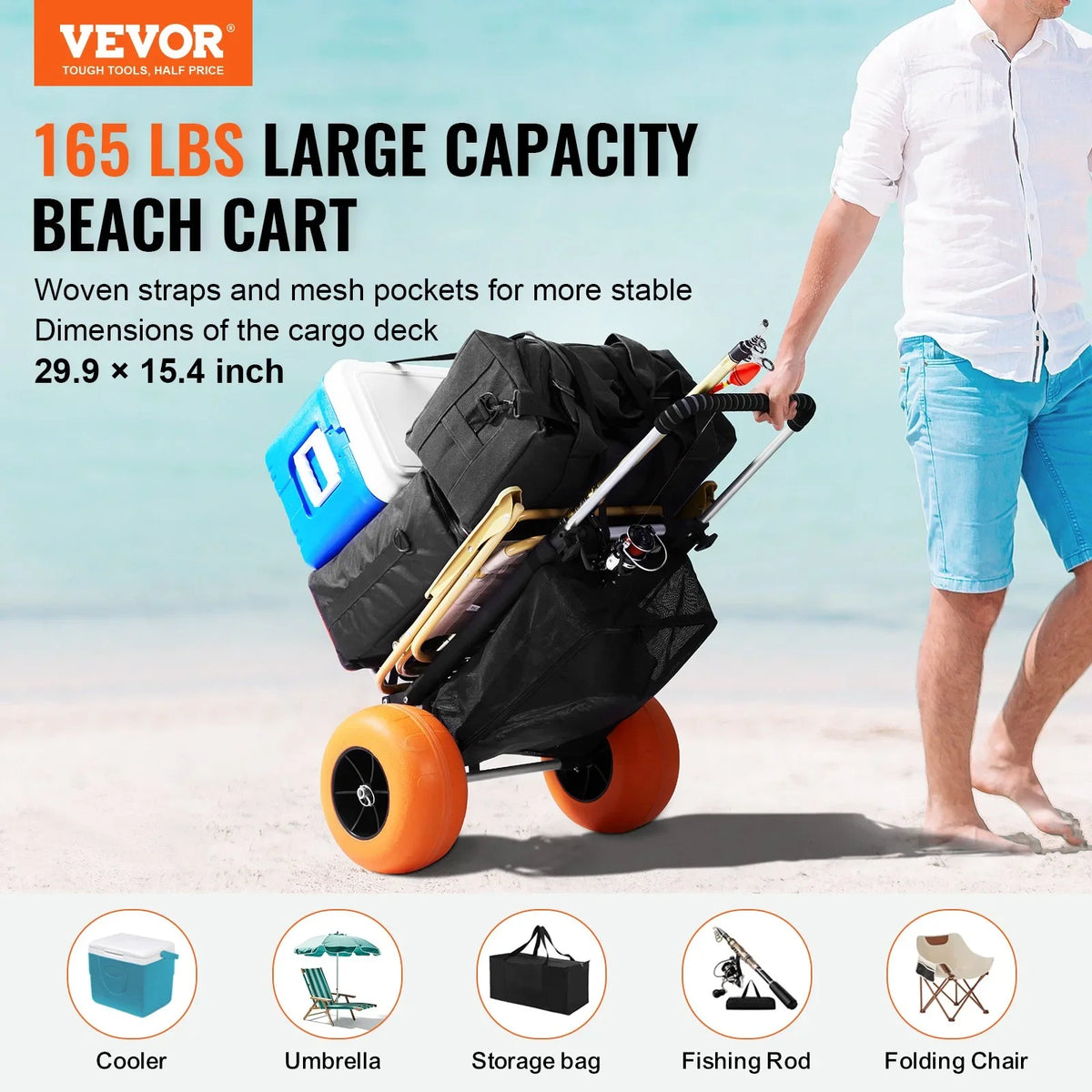 VEVOR Beach Dolly with Big Wheels for Sand, 29.9" x 15.4" Cargo Deck, w/ 12" Solid Wheels, 165LBS Loading Capacity Folding Sand Cart & 27" to 44.7" Adjustable Height, Heavy Duty Cart for Beach
