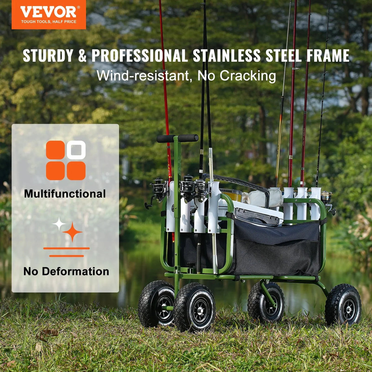 VEVOR Beach Fishing Cart, 300 lbs Load Capacity, Foldable Fish and Marine Cart with Four 11" Big Wheels Rubber Balloon Tires for Sand, Heavy-Duty Steel Pier Wagon Trolley with 8 Rod Holders for Picnic - View 2