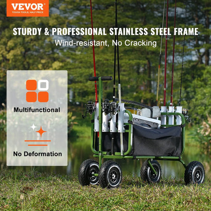 VEVOR Beach Fishing Cart, 300 lbs Load Capacity, Foldable Fish and Marine Cart with Four 11" Big Wheels Rubber Balloon Tires for Sand, Heavy-Duty Steel Pier Wagon Trolley with 8 Rod Holders for Picnic - View 2