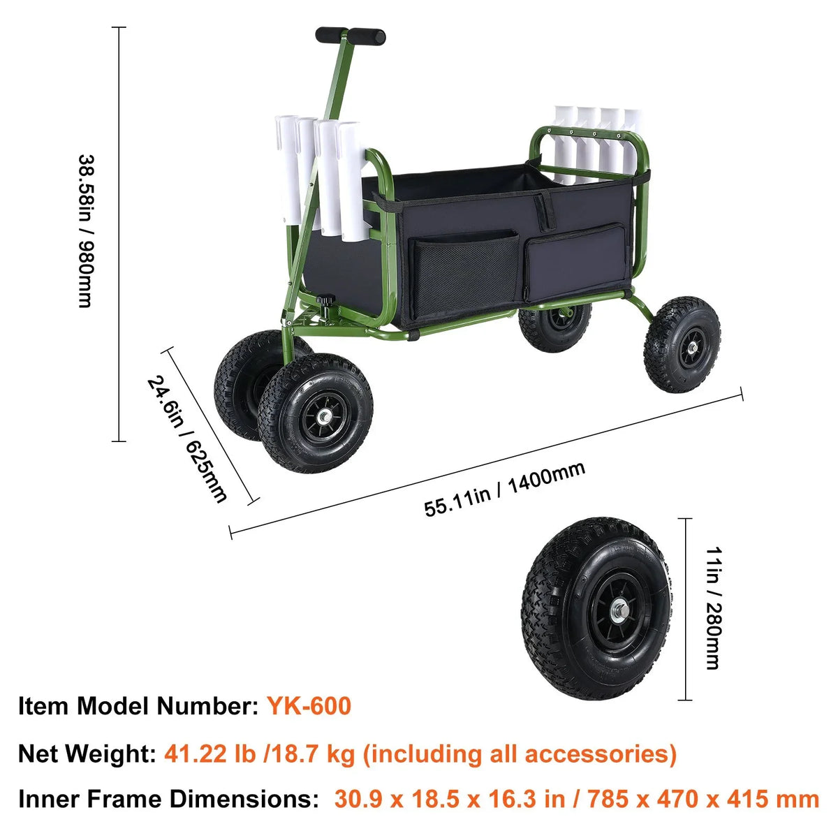 VEVOR Beach Fishing Cart, 300 lbs Load Capacity, Foldable Fish and Marine Cart with Four 11" Big Wheels Rubber Balloon Tires for Sand, Heavy-Duty Steel Pier Wagon Trolley with 8 Rod Holders for Picnic - View 7