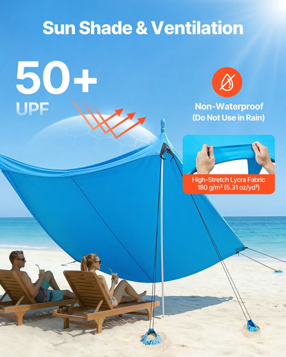 VEVOR Beach Tent Sun Shelter, UPF50+ Sun Protection, 6.6 ft Tall, 10x10 ft, Easy Pop Up Beach Canopy with 8 Sandbags, Stability Poles, Sand Shovels, Portable Shade for Family Outings, Camping, Fishing - View 2