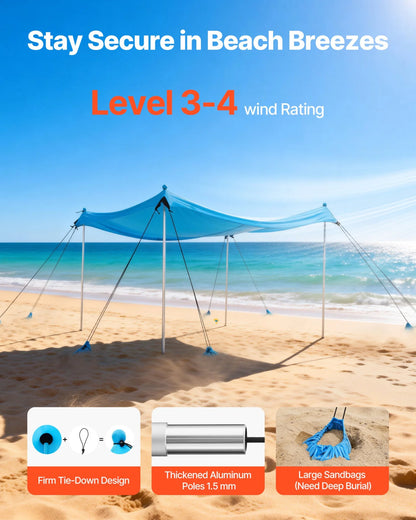 VEVOR Beach Tent Sun Shelter, UPF50+ Sun Protection, 6.6 ft Tall, 10x10 ft, Easy Pop Up Beach Canopy with 8 Sandbags, Stability Poles, Sand Shovels, Portable Shade for Family Outings, Camping, Fishing - View 3
