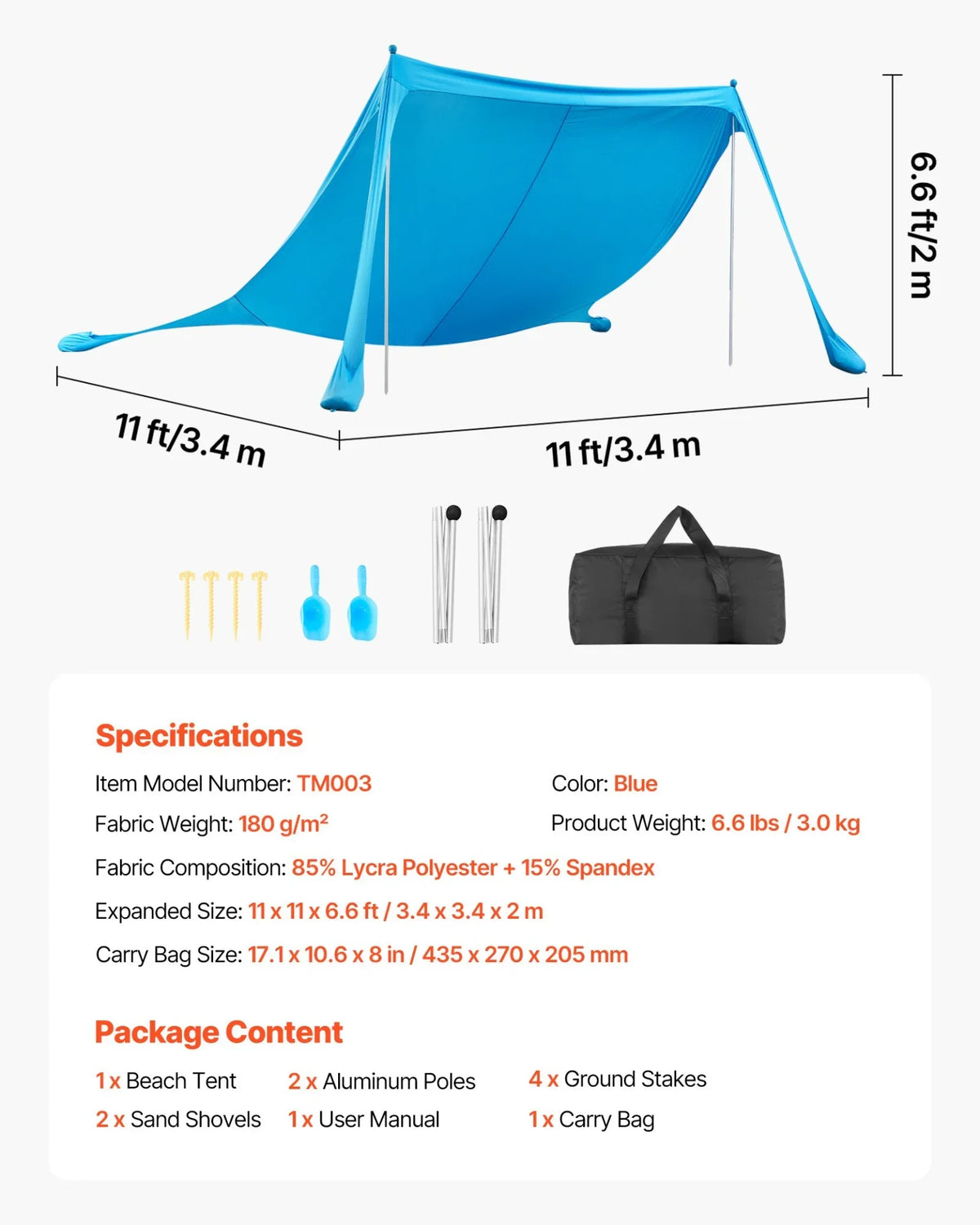 VEVOR Beach Tent Sun Shelter, UPF50+ Sun Protection, 6.6 ft Tall, 11 x 11 ft, Easy Pop Up Beach Canopy with Sandbags, Stability Poles, Sand Shovels, Portable Shade for Family Outings, Camping, Fishing - View 6
