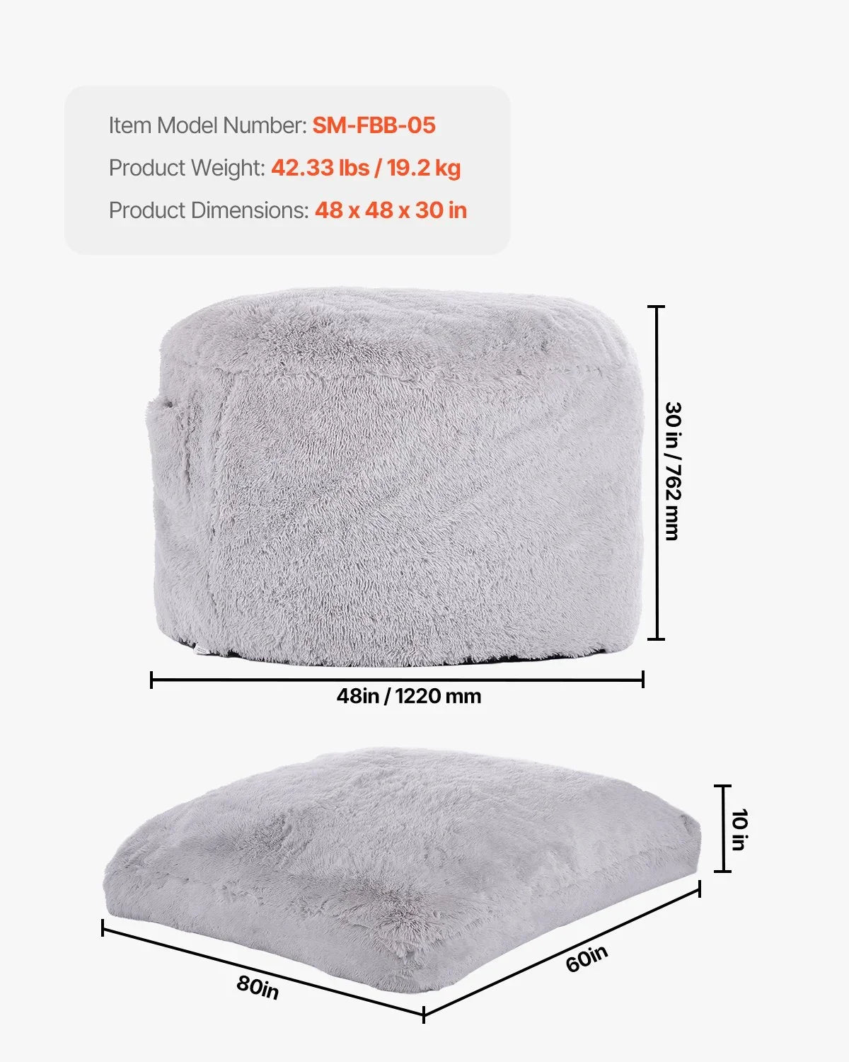 VEVOR Bean Bag Bed Chair, Convertible Chair from BeanBag to Lounge or Mattress, Gaint Bean Bag Chair Bed with Washable Cover for Adults, Fluffy Plush, Foam Filling and Side Pocket, Grey(Queen Size) - View 2
