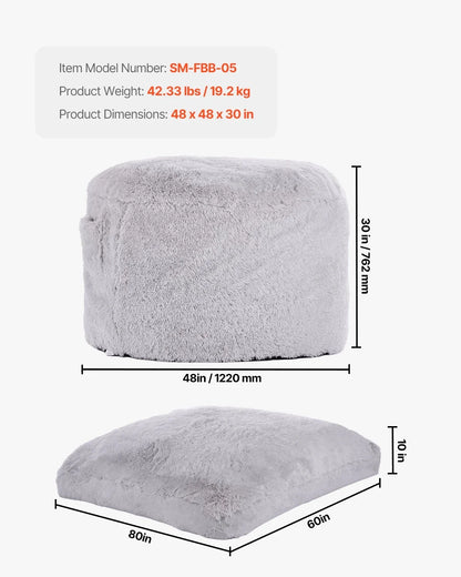VEVOR Bean Bag Bed Chair, Convertible Chair from BeanBag to Lounge or Mattress, Gaint Bean Bag Chair Bed with Washable Cover for Adults, Fluffy Plush, Foam Filling and Side Pocket, Grey(Queen Size) - View 2