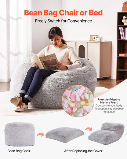 VEVOR Bean Bag Bed Chair, Convertible Chair from BeanBag to Lounge or Mattress, Gaint Bean Bag Chair Bed with Washable Cover for Adults, Fluffy Plush, Foam Filling and Side Pocket, Grey(Queen Size) - View 3