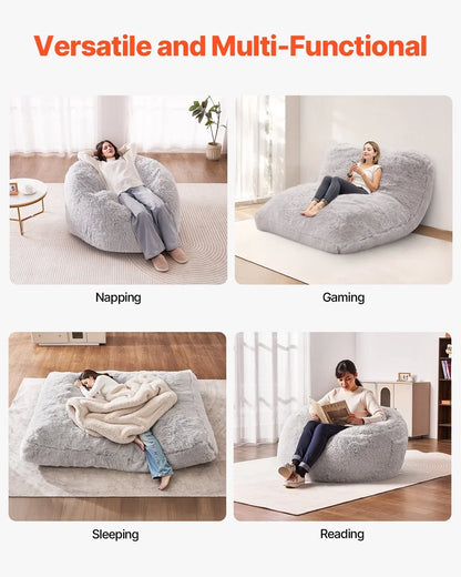 VEVOR Bean Bag Bed Chair, Convertible Chair from BeanBag to Lounge or Mattress, Gaint Bean Bag Chair Bed with Washable Cover for Adults, Fluffy Plush, Foam Filling and Side Pocket, Grey(Queen Size) - View 5