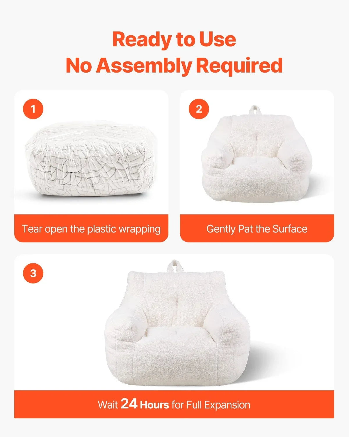 VEVOR Bean Bag Chair, 3 feet Bean Bag Chair with Soft Armrests and Storage Pocket, 25D Memory Foam Filled with Soft Teddy Velvet Cover, Bean Bag for Bedroom or Playroom, White - View 6