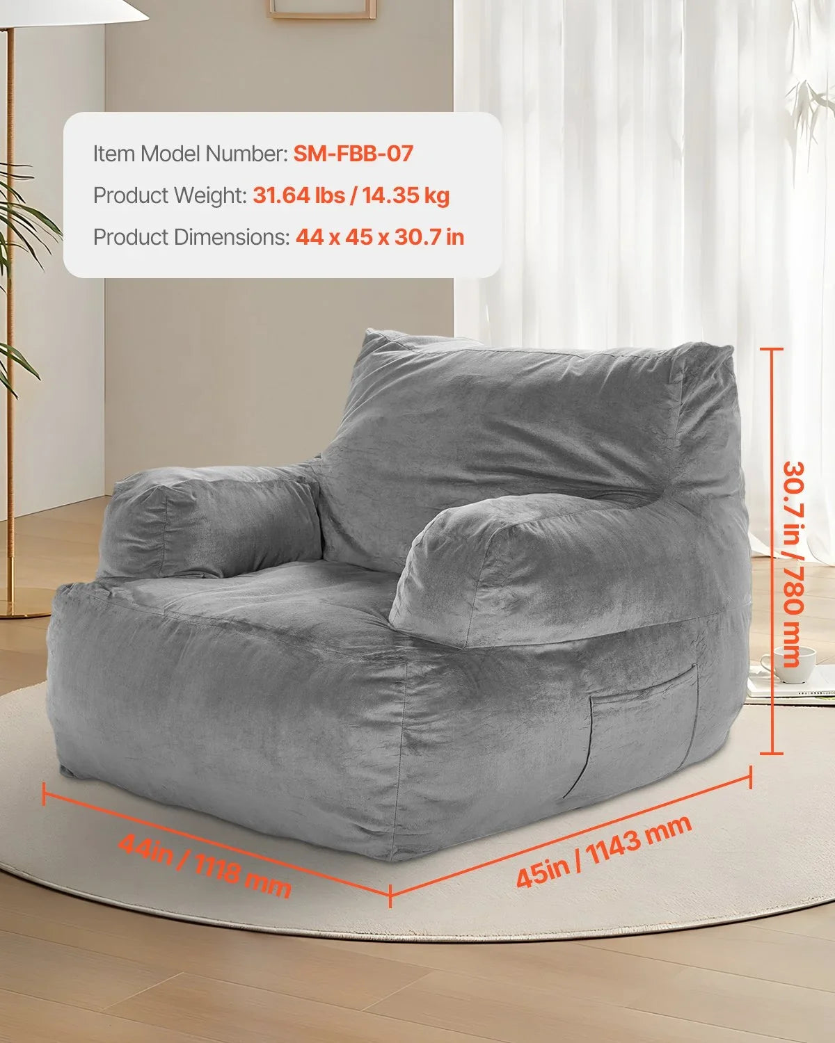 VEVOR Bean Bag Chair, BeanBag Sofa Chair with Armrests for Adults, Fluffy Plush & High-Density Foam Filling Adult Bean Bag with Zapper, Comfy Lazy Sofa Chair Ideal for Living Room, Bedroom, Grey