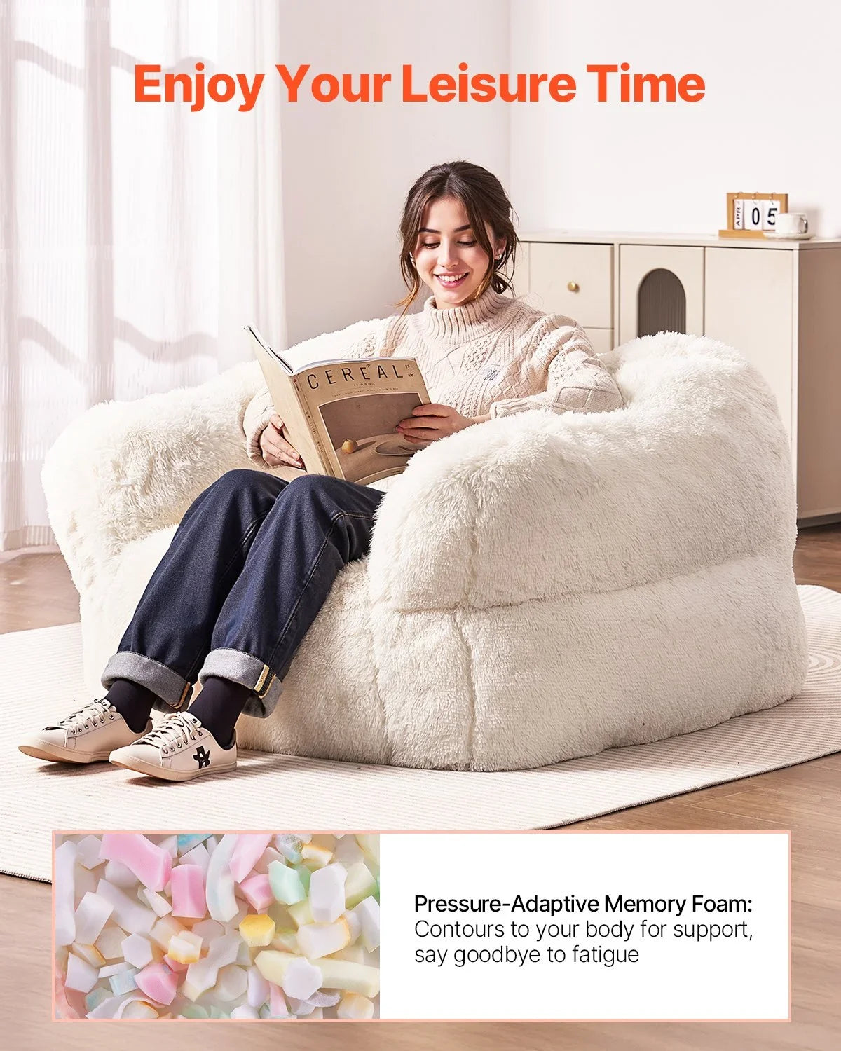 VEVOR Bean Bag Chair, BeanBag Sofa Chair with Armrests for Adults, Fluffy Plush & High-Density Foam Filling Adult Bean Bag with Zapper, Comfy Lazy Sofa Chair Ideal for Living Room, Bedroom, Beige - View 4