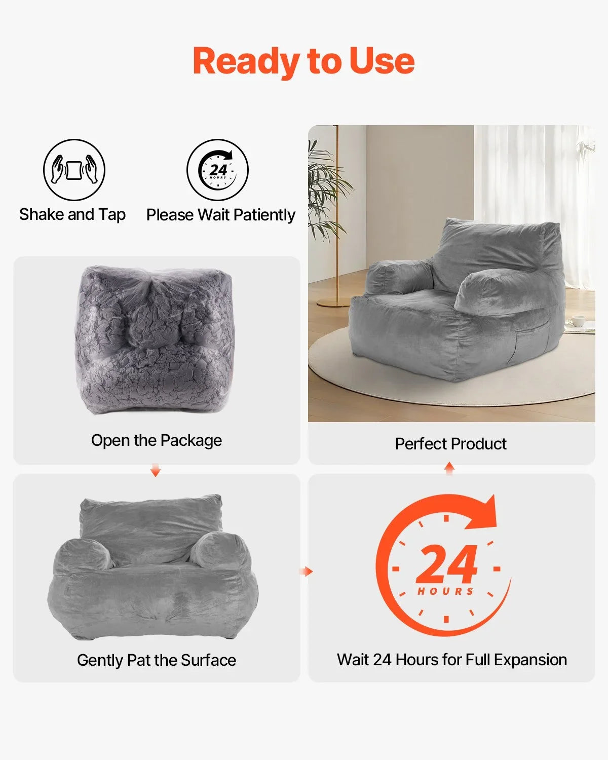 VEVOR Bean Bag Chair, BeanBag Sofa Chair with Armrests for Adults, Fluffy Plush & High-Density Foam Filling Adult Bean Bag with Zapper, Comfy Lazy Sofa Chair Ideal for Living Room, Bedroom, Grey - View 6