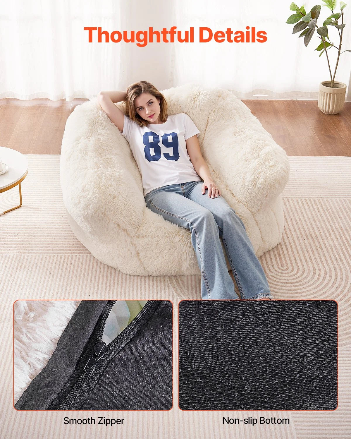 VEVOR Bean Bag Chair, BeanBag Sofa Chair with Armrests for Adults, Fluffy Plush & High-Density Foam Filling Adult Bean Bag with Zapper, Comfy Lazy Sofa Chair Ideal for Living Room, Bedroom, Beige - View 6