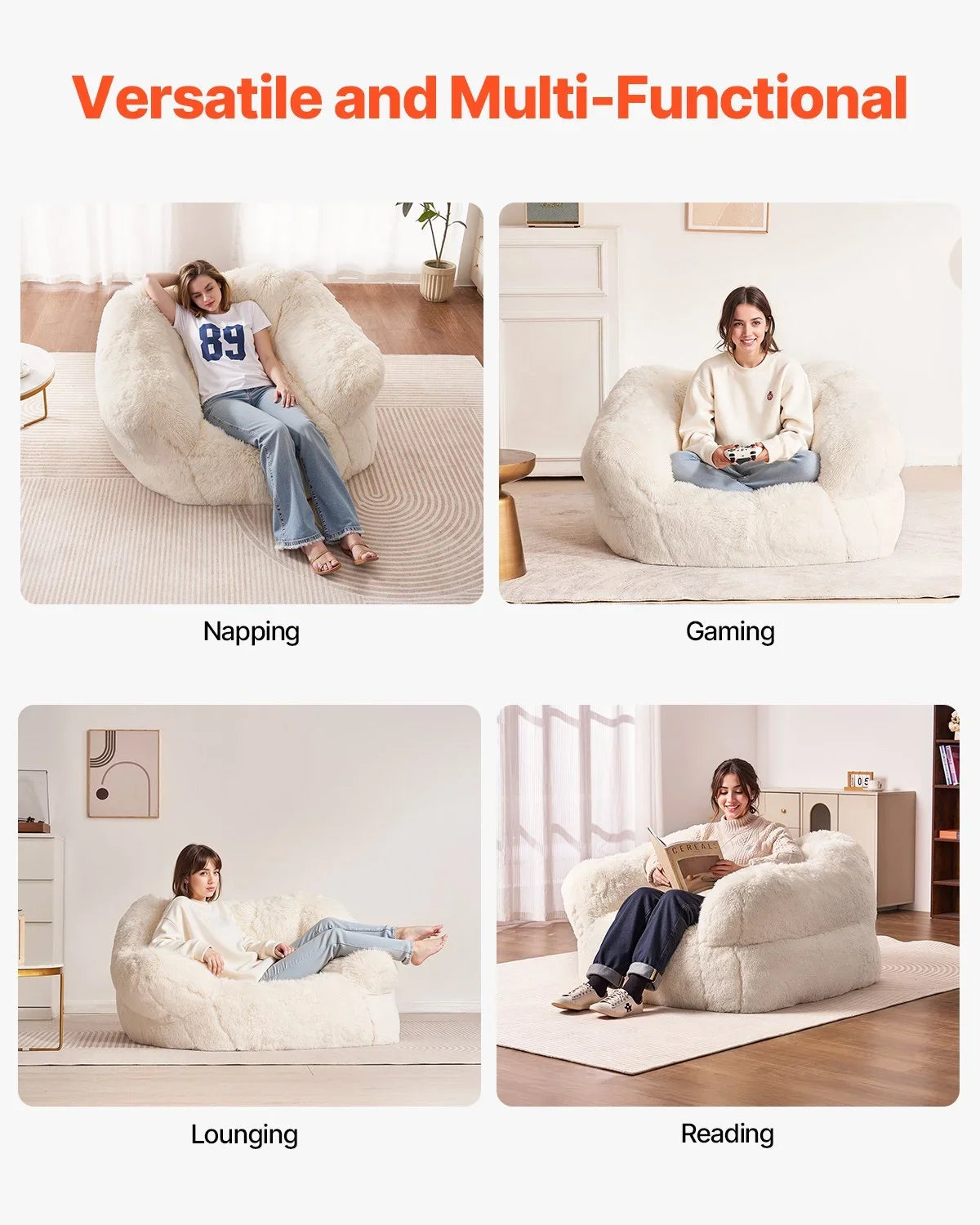 VEVOR Bean Bag Chair, BeanBag Sofa Chair with Armrests for Adults, Fluffy Plush & High-Density Foam Filling Adult Bean Bag with Zapper, Comfy Lazy Sofa Chair Ideal for Living Room, Bedroom, Beige - View 7