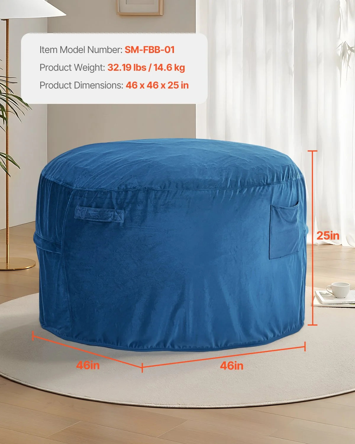 VEVOR Bean Bag Chair, Round BeanBag Chair with Removable & Washable Cover for Adult, Dutch Velvet & High-Density Foam Filling Adult Bean Bag with Handle and Side Pocket for Living Room, Bedroom, Blue - View 2