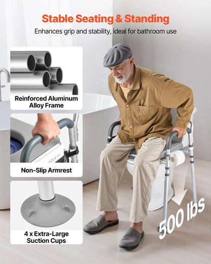 VEVOR Bedside Commode Chair, 500 lbs Capacity, 4-in-1 Portable Toilet and Raised Toilet Seat with Padded Seat & Backrest, Detachable 5L Bucket, Adjustable Height & Width Adult Potty Chair for Seniors