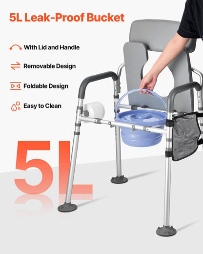 VEVOR Bedside Commode Chair, 500 lbs Capacity, 4-in-1 Portable Toilet and Raised Toilet Seat with Padded Seat & Backrest, Detachable 5L Bucket, Adjustable Height & Width Adult Potty Chair for Seniors - View 5