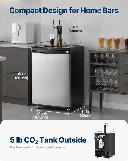 VEVOR Beer Kegerator, Dual Tap Draft Beer Dispenser, Full Size Keg Refrigerator With Shelves, CO2 Cylinder, Drip Tray & Rail, 32°F- 75.2°F Temperature Control, Holds 1/6, 1/4, 1/2 Barrels, Black - View 11
