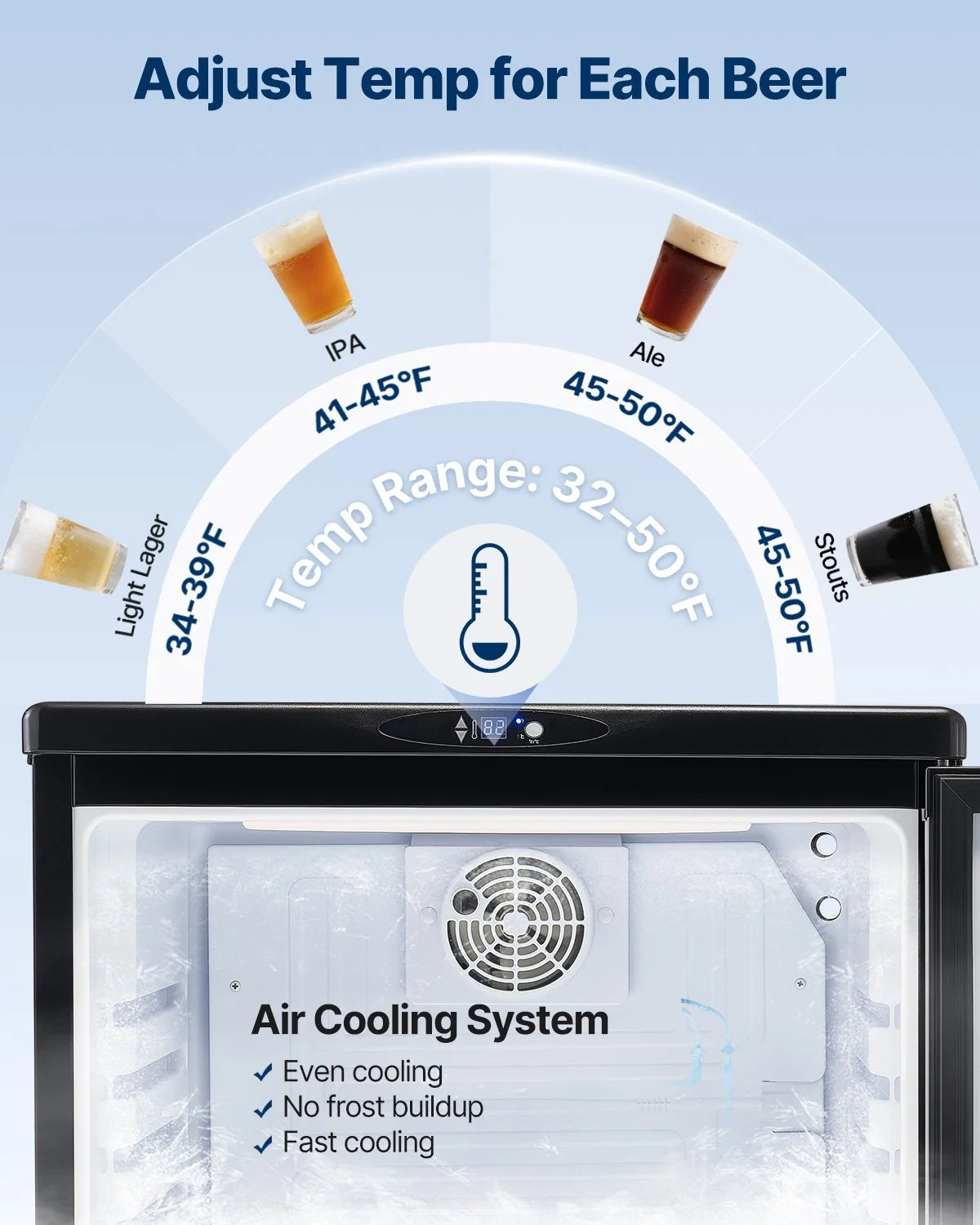 VEVOR Beer Kegerator, Dual Tap Draft Beer Dispenser, Full Size Keg Refrigerator With Shelves, CO2 Cylinder, Drip Tray & Rail, 32°F- 75.2°F Temperature Control, Holds 1/6, 1/4, 1/2 Barrels, Black - View 13
