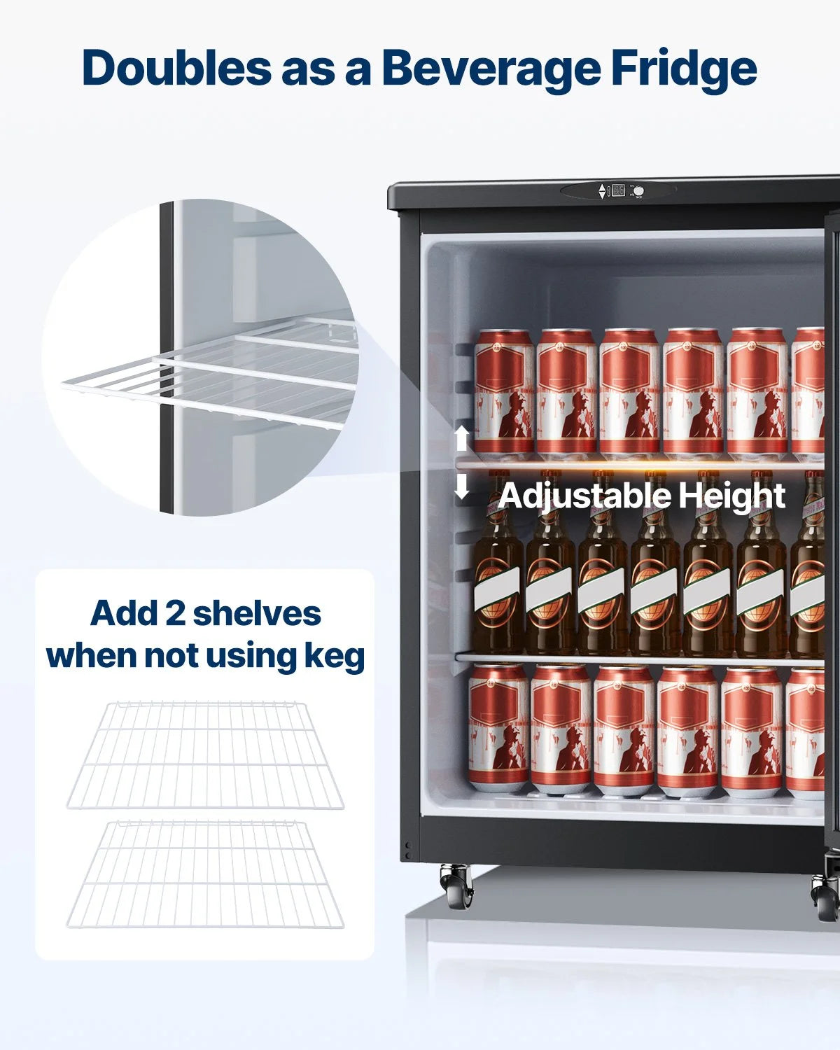 VEVOR Beer Kegerator, Dual Tap Draft Beer Dispenser, Full Size Keg Refrigerator With Shelves, CO2 Cylinder, Drip Tray & Rail, 32°F- 75.2°F Temperature Control, Holds 1/6, 1/4, 1/2 Barrels, Black - View 15