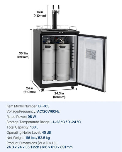 VEVOR Beer Kegerator, Dual Tap Draft Beer Dispenser, Full Size Keg Refrigerator With Shelves, CO2 Cylinder, Drip Tray & Rail, 32°F- 75.2°F Temperature Control, Holds 1/6, 1/4, 1/2 Barrels, Black - View 16