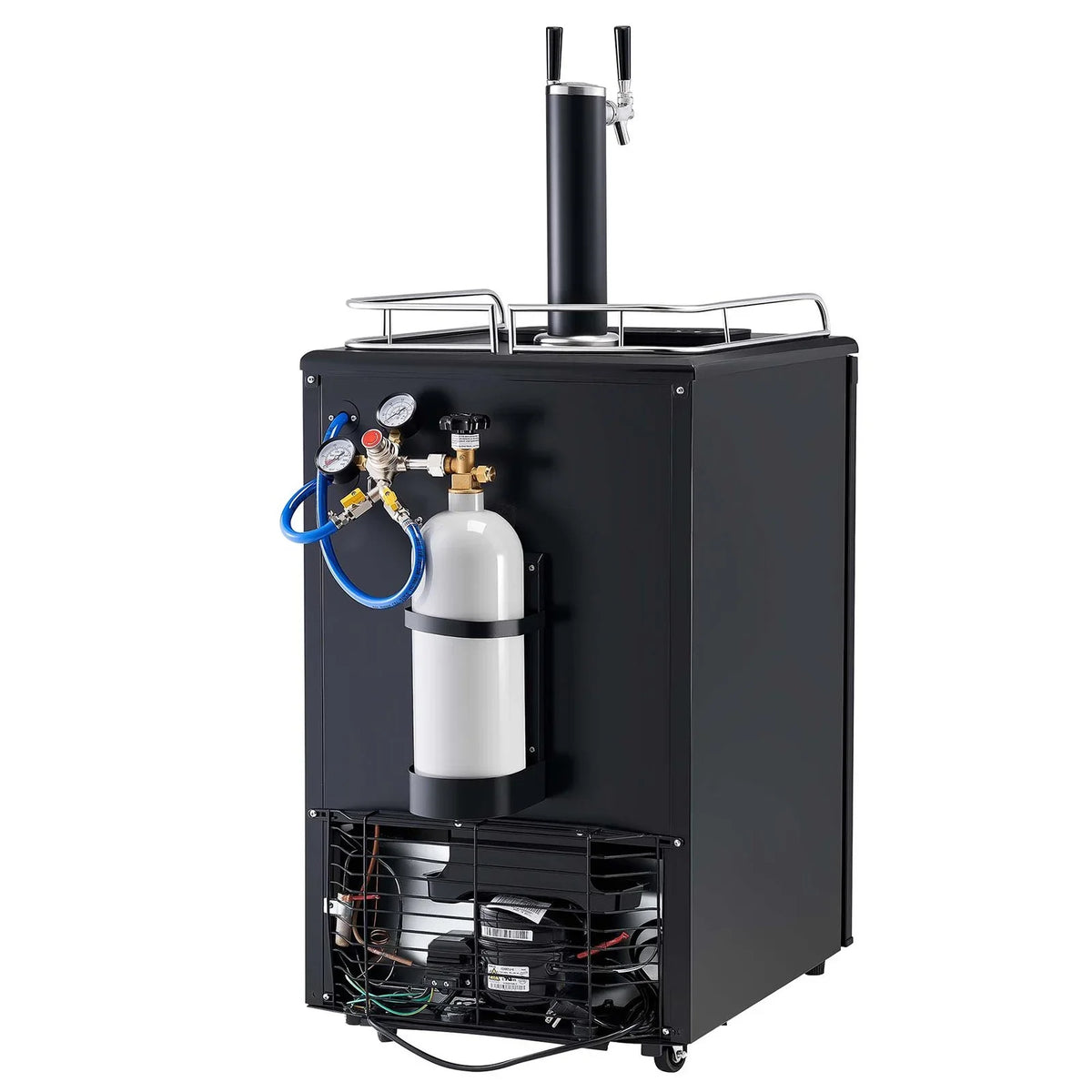 VEVOR Beer Kegerator, Dual Tap Draft Beer Dispenser, Full Size Keg Refrigerator with CO2 Cylinder, Shelves, Drip Tray & Rail, 32°F- 50°F Temperature Control, Hold 1/6, 1/4, 1/2 Barrels, Black - View 24