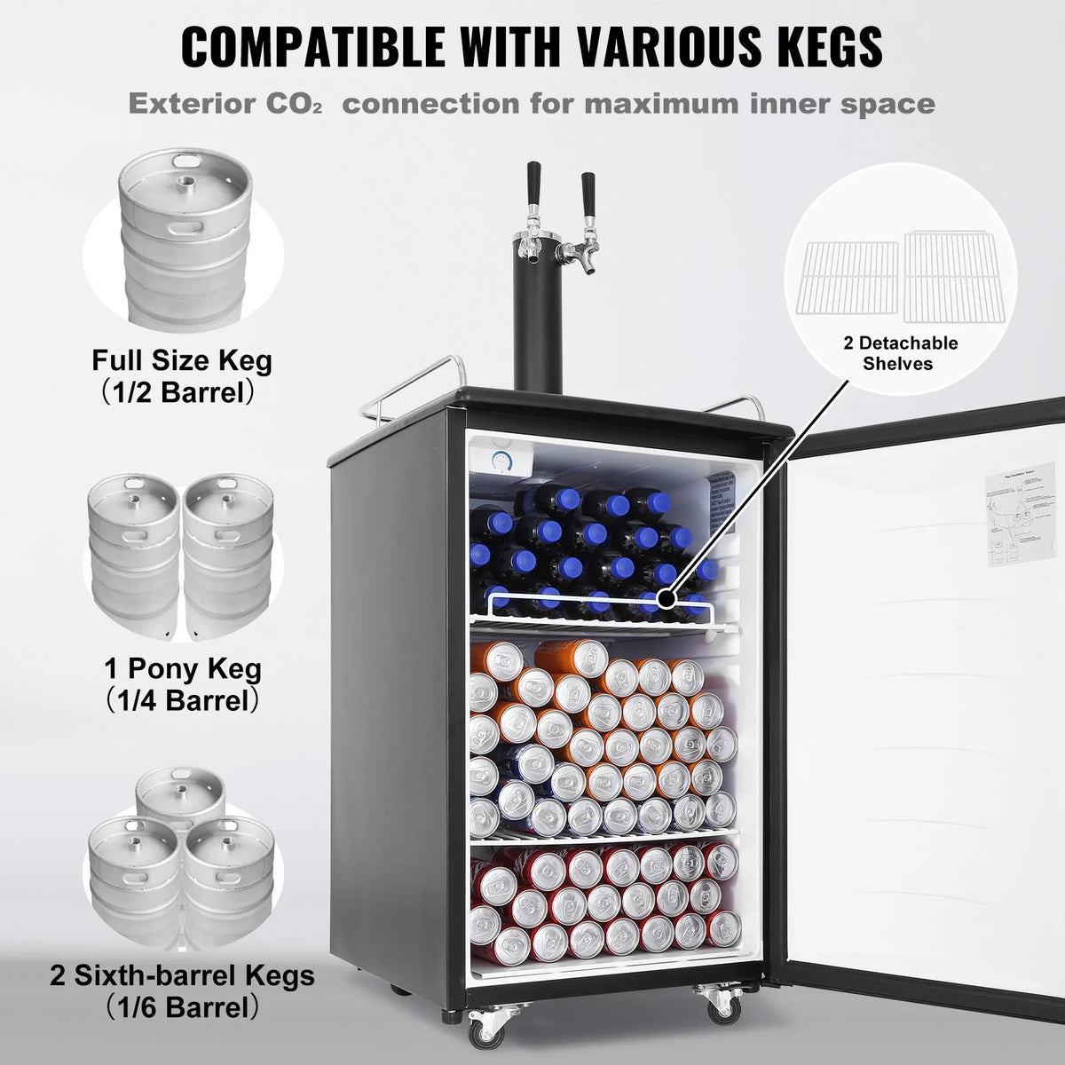 VEVOR Beer Kegerator, Dual Tap Draft Beer Dispenser, Full Size Keg Refrigerator with CO2 Cylinder, Shelves, Drip Tray & Rail, 32°F- 50°F Temperature Control, Hold 1/6, 1/4, 1/2 Barrels, Black - View 4