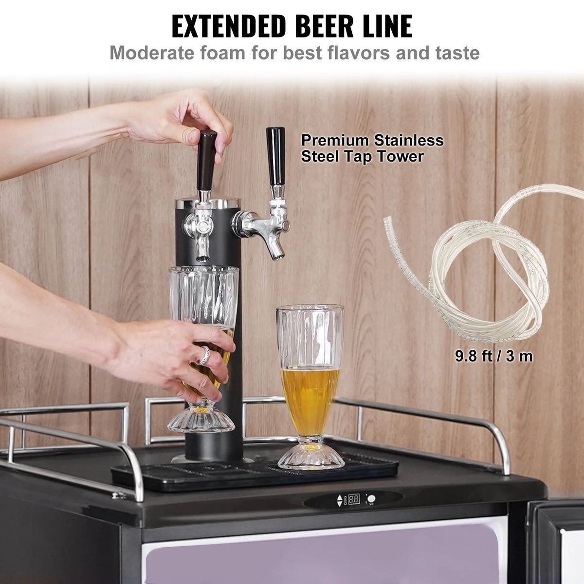 VEVOR Beer Kegerator, Dual Tap Draft Beer Dispenser, Full Size Keg Refrigerator With Shelves, CO2 Cylinder, Drip Tray & Rail, 32°F- 75.2°F Temperature Control, Holds 1/6, 1/4, 1/2 Barrels, Black - View 4
