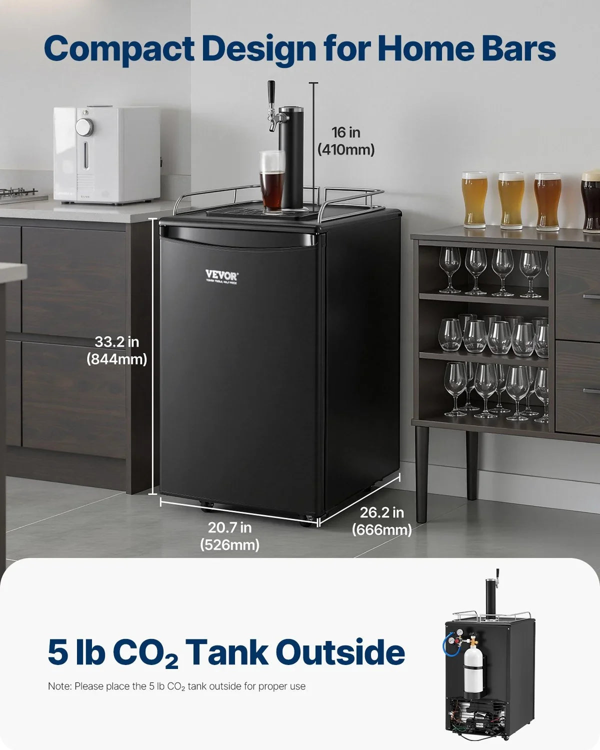 VEVOR Beer Kegerator, Single Tap Draft Beer Dispenser, Full Size Keg Refrigerator with Shelves, CO2 Cylinder, Drip Tray & Rail, 32°F- 50°F Temperature Control, Holds 1/6, 1/4, 1/2 Barrels, Black - View 11