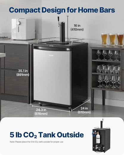 VEVOR Beer Kegerator, Single Tap Draft Beer Dispenser, Full Size Keg Refrigerator With Shelves, CO2 Cylinder, Drip Tray & Rail, 32°F- 75.2°F Temperature Control, Holds 1/6, 1/4, 1/2 Barrels, Silver - View 12